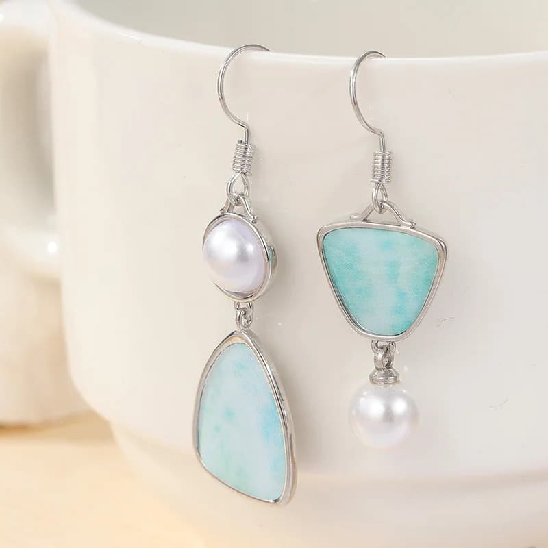 Asymmetric Pearl and Blue Stone Drop Earrings — image 1