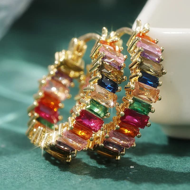 Colorful Baguette Crystal Hoop Earrings — image 1