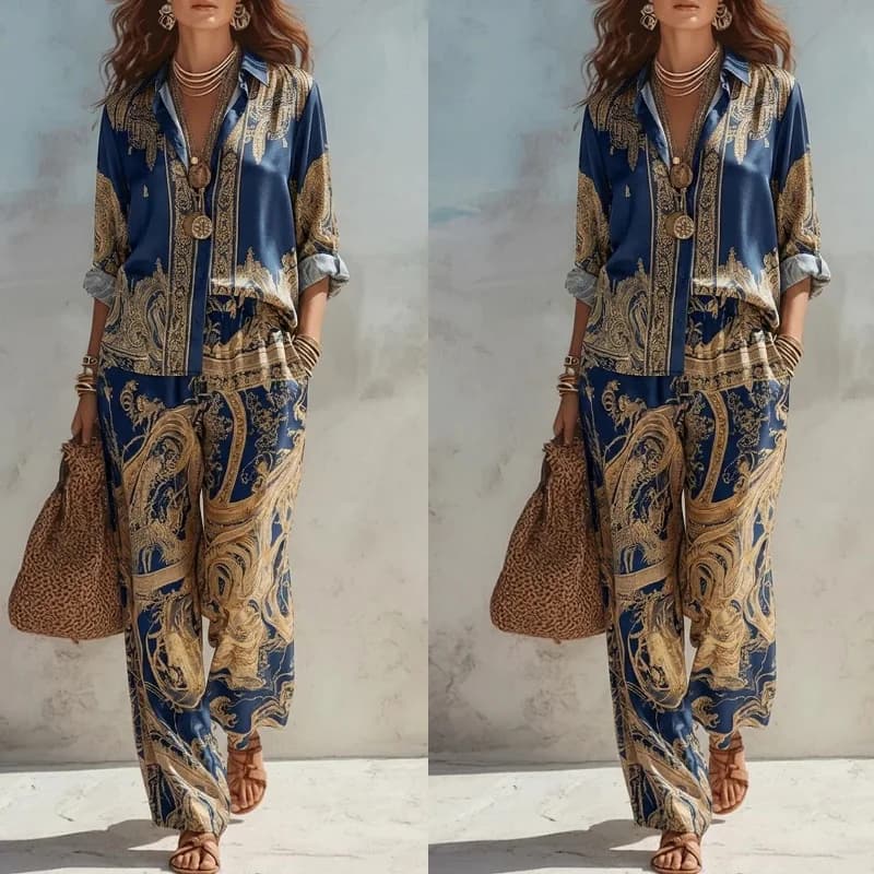 Printed Shirt and Wide-Leg Pants Set — image 1