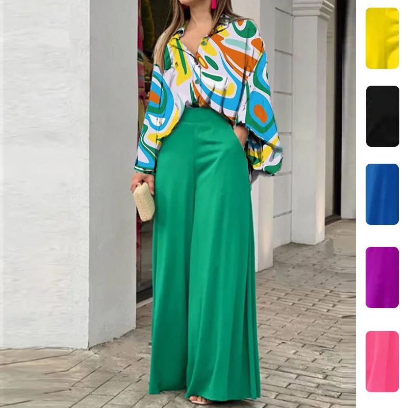 Printed Shirt and Wide Leg Pants Set — image 1