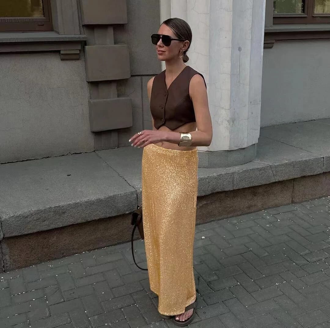 Sequined and Beaded Back Slit Skirt — image 1