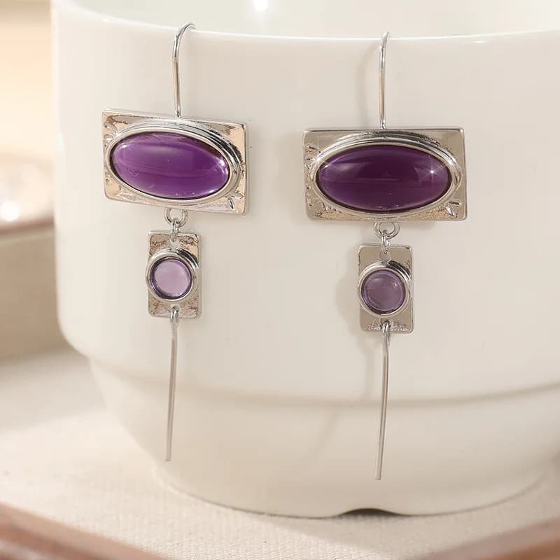 Vintage Purple Stone Geometric Drop Earrings — image 1