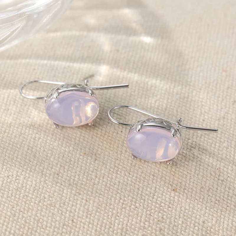 Vintage Silver Tone Oval Stone Drop Earrings — image 1