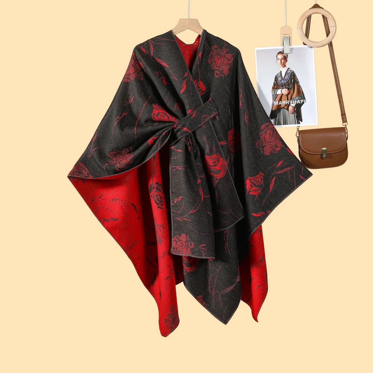 Women's Solid Hooded Split Poncho Cape — image 1